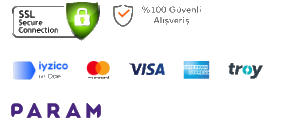 SSL güvenli bağlantı, %100 güvenli alışveriş, iyzico, Mastercard, Visa, American Express, Troy, Param